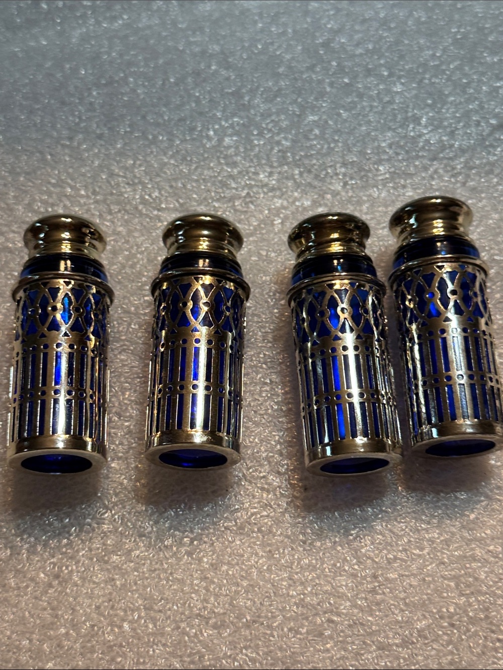 Vintage Pair Of Cobalt Blue Glass Salt & Pepper Encased in Silvertone